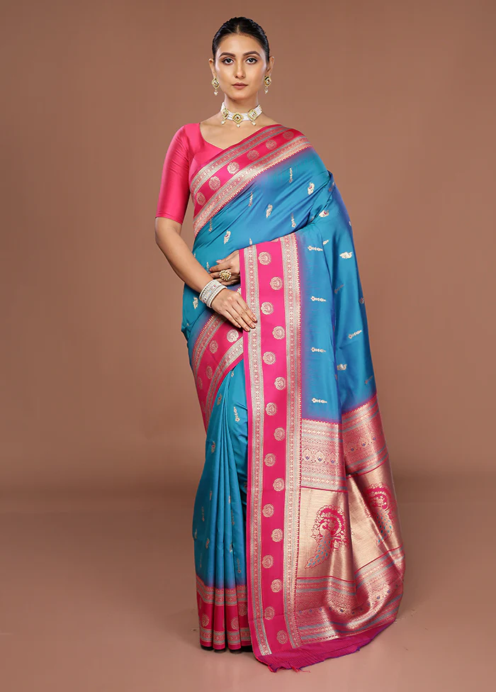 Blue Dupion Silk Saree With Blouse Piece - Image 2