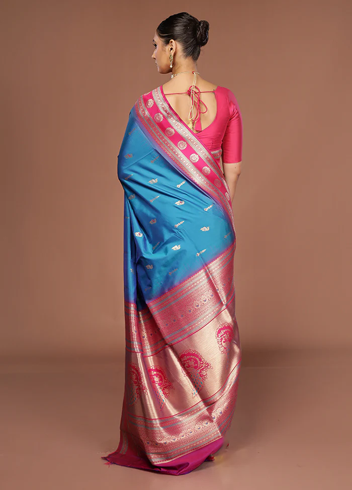 Blue Dupion Silk Saree With Blouse Piece - Image 3