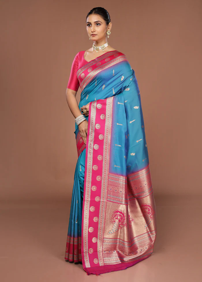 Blue Dupion Silk Saree With Blouse Piece - Image 4