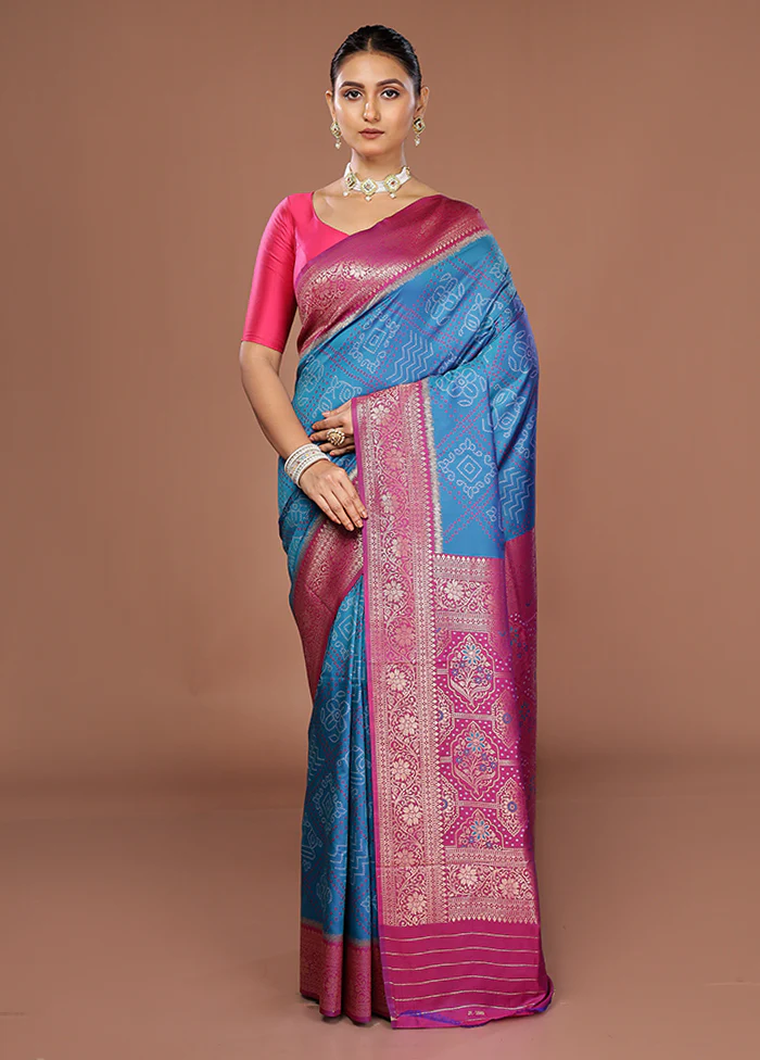 Blue Dupion Silk Saree With Blouse Piece - Image 2