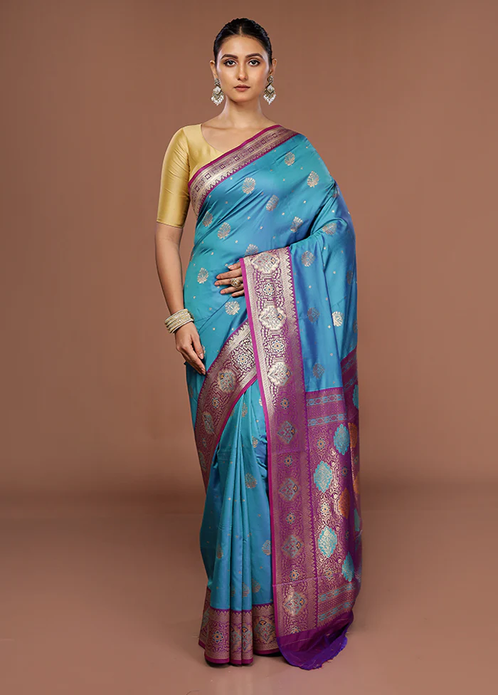 Blue Dupion Silk Saree With Blouse Piece - Image 2