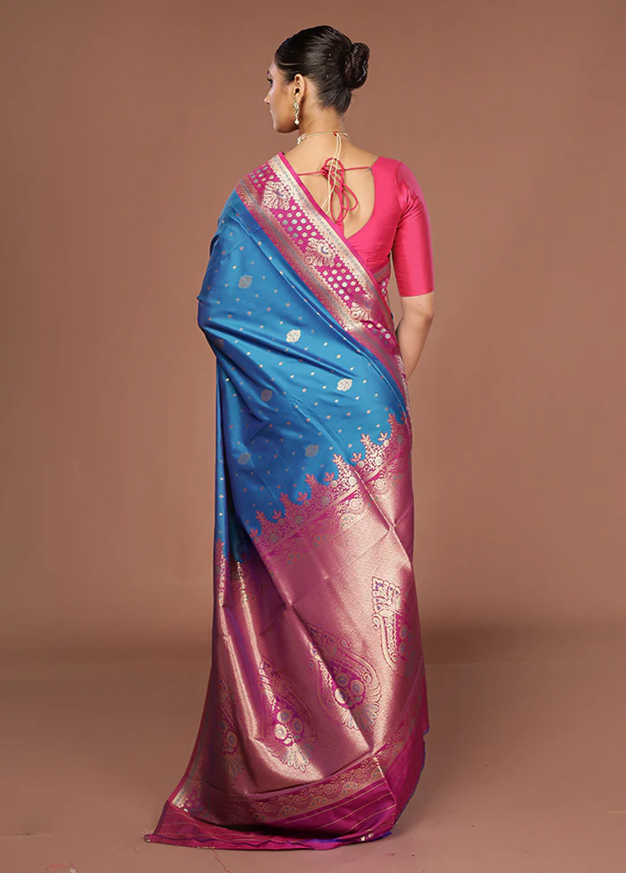 Blue Dupion Silk Saree With Blouse Piece - Image 3