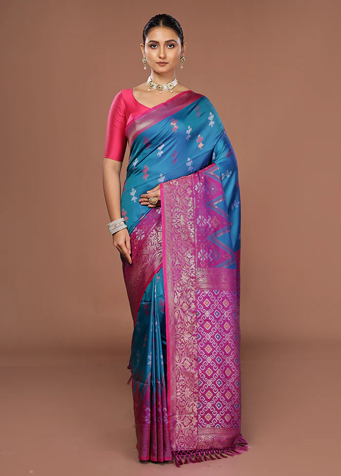 Blue Dupion Silk Saree With Blouse Piece - Image 2