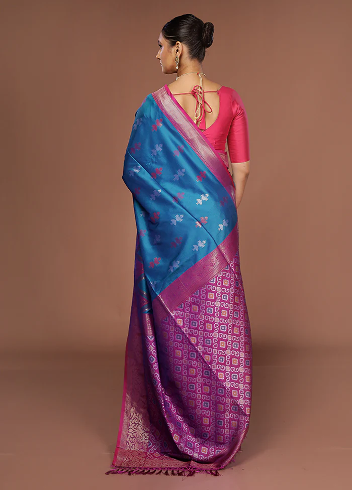 Blue Dupion Silk Saree With Blouse Piece - Image 3