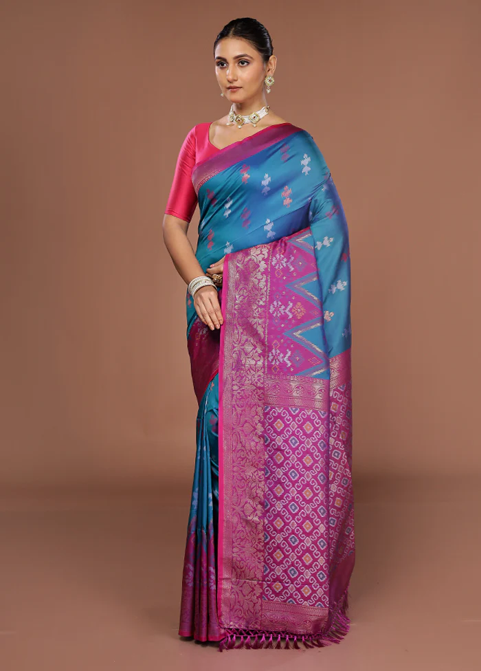 Blue Dupion Silk Saree With Blouse Piece - Image 4