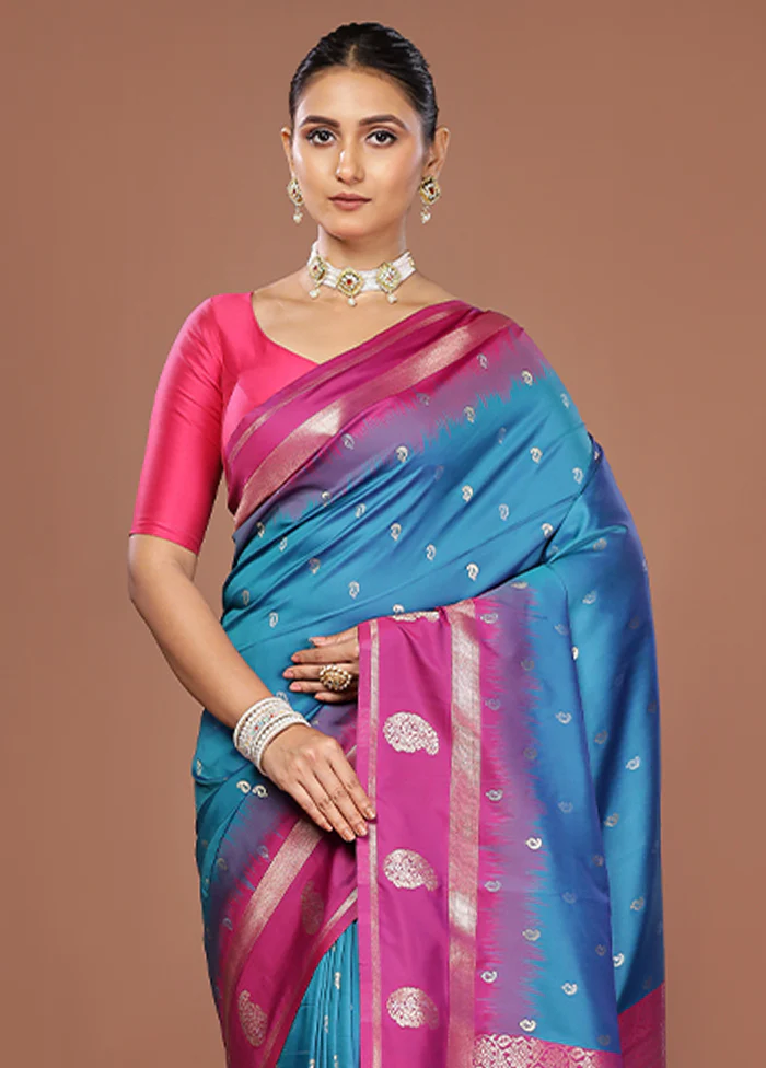 Blue Dupion Silk Saree With Blouse Piece