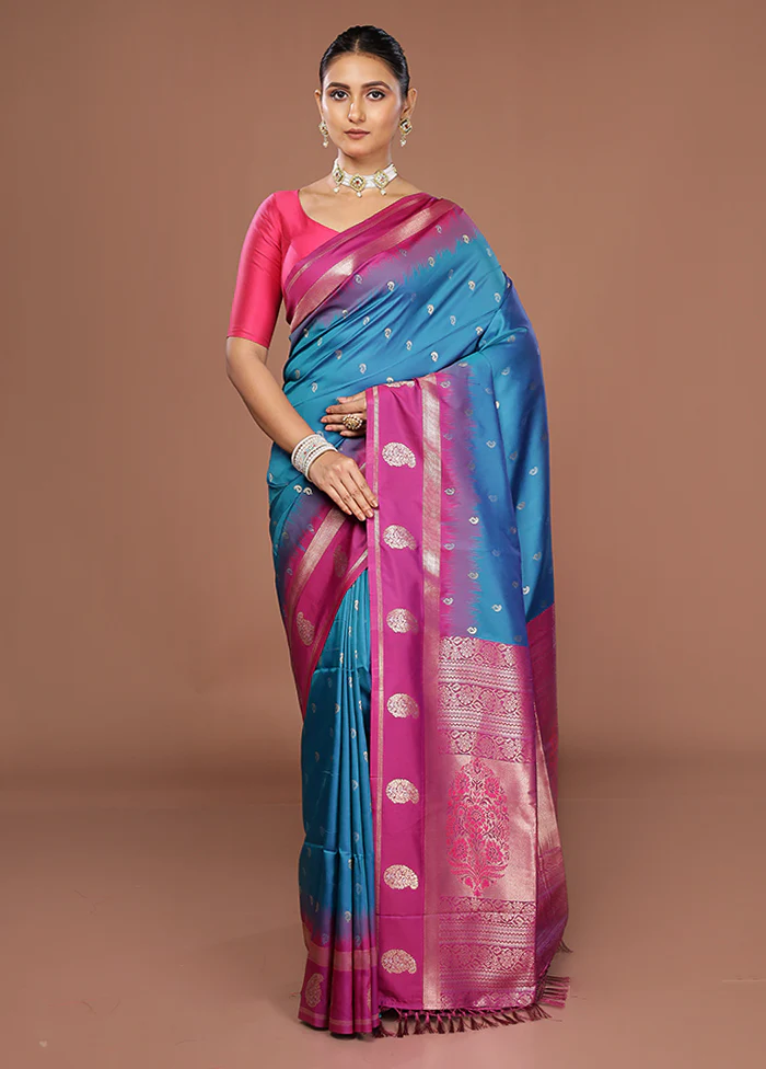 Blue Dupion Silk Saree With Blouse Piece - Image 2