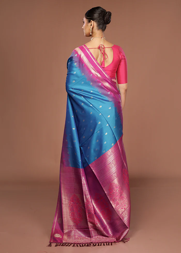 Blue Dupion Silk Saree With Blouse Piece - Image 3