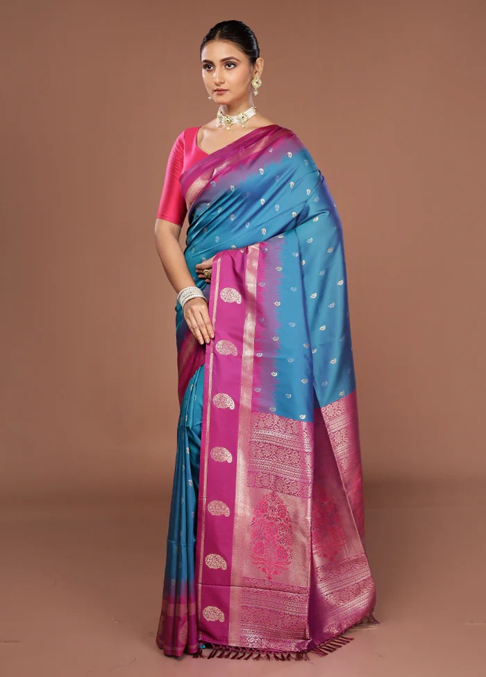Blue Dupion Silk Saree With Blouse Piece - Image 4