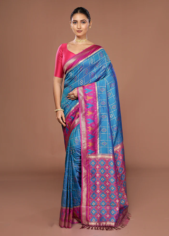 Blue Dupion Silk Saree With Blouse Piece - Image 2