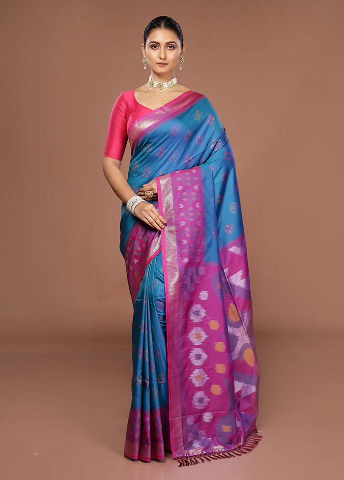 Blue Dupion Silk Saree With Blouse Piece - Image 2