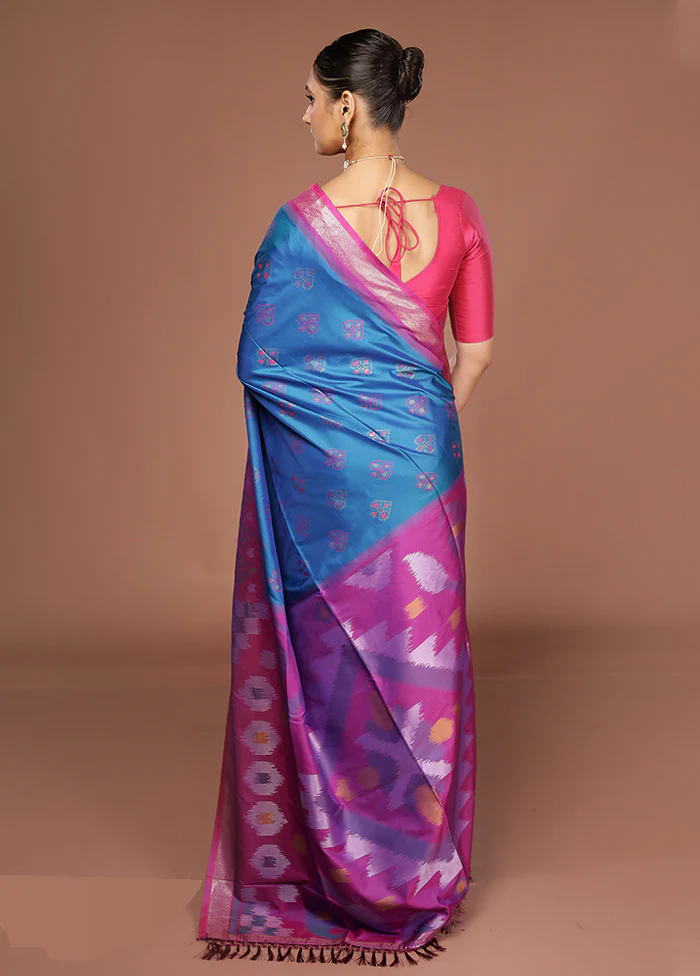 Blue Dupion Silk Saree With Blouse Piece - Image 3