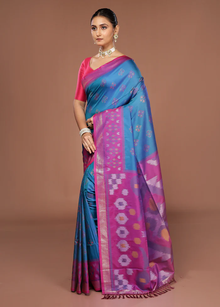Blue Dupion Silk Saree With Blouse Piece - Image 4