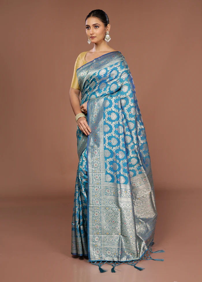 Blue Dupion Silk Saree With Blouse Piece - Image 4