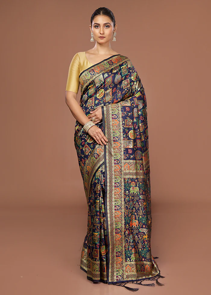 Blue Dupion Silk Saree With Blouse Piece - Image 2