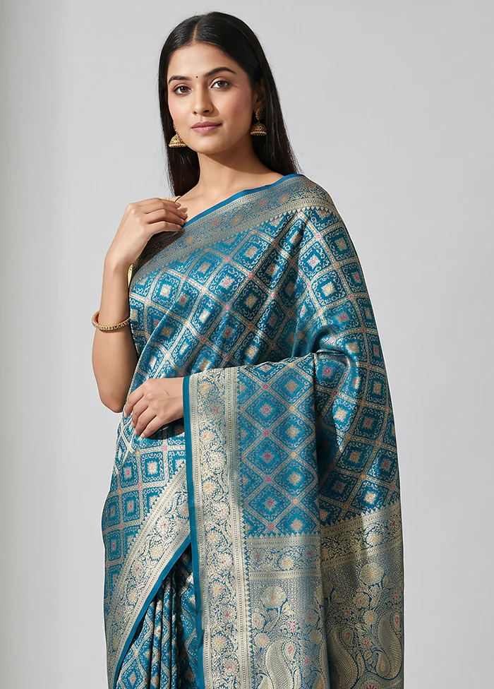 Blue Dupion Silk Saree With Blouse Piece - Image 2