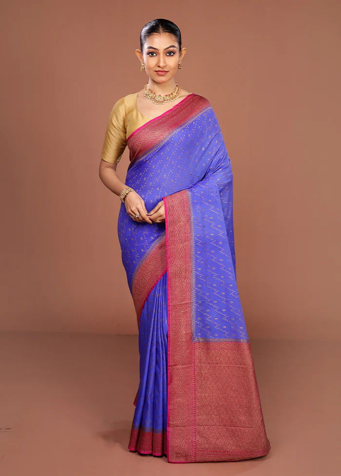 Blue Dupion Silk Saree With Blouse Piece - Image 2