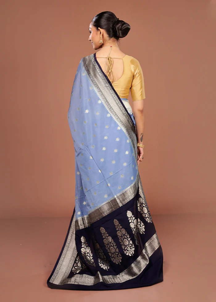 Blue Dupion Silk Saree With Blouse Piece - Image 3