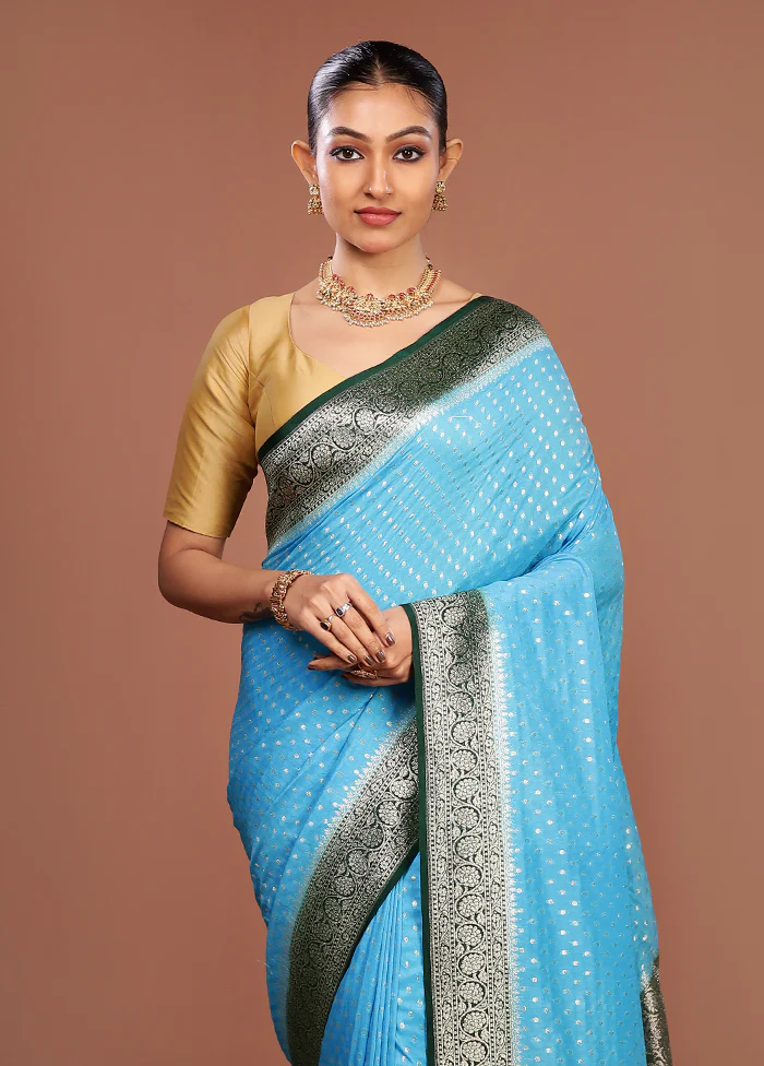Blue Dupion Silk Saree With Blouse Piece