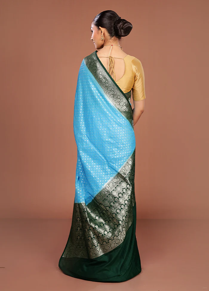 Blue Dupion Silk Saree With Blouse Piece - Image 3