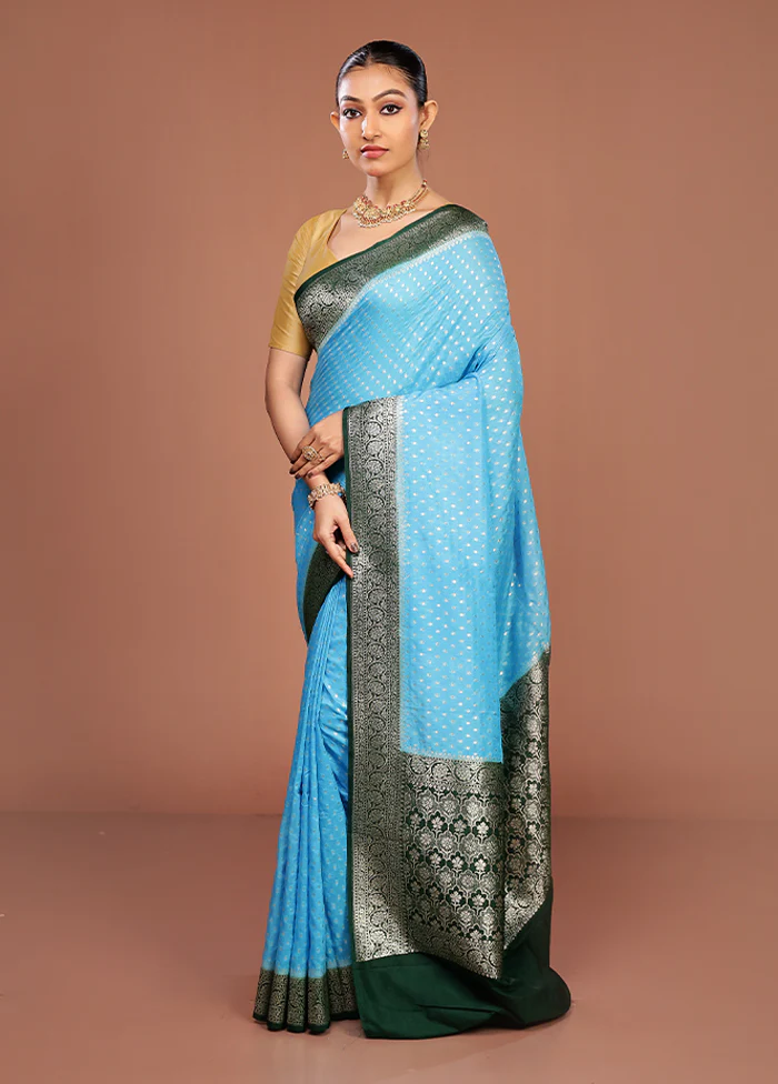 Blue Dupion Silk Saree With Blouse Piece - Image 4