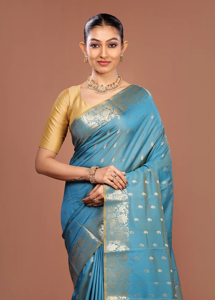 Blue Dupion Silk Saree With Blouse Piece