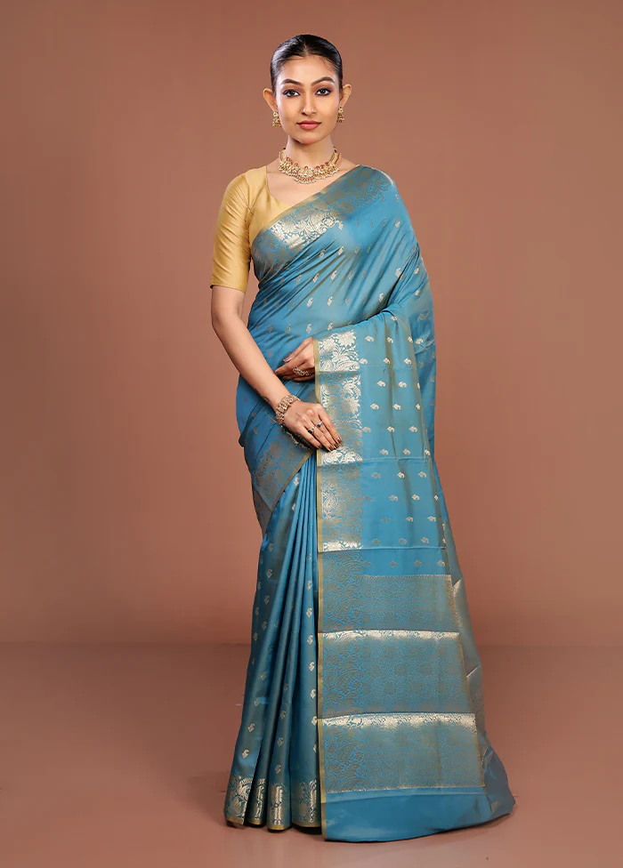 Blue Dupion Silk Saree With Blouse Piece - Image 2