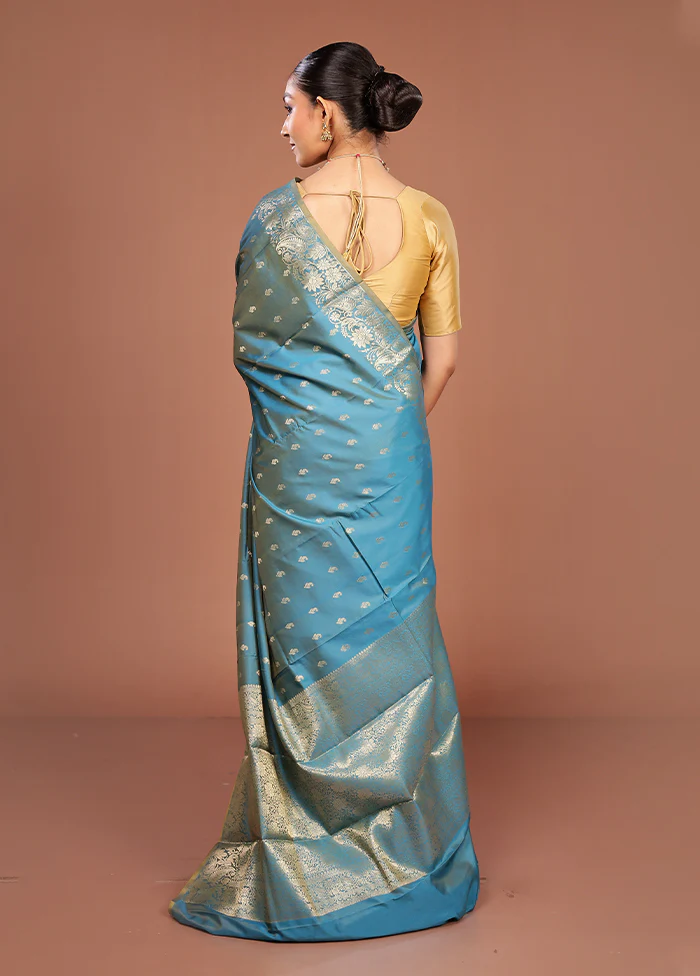Blue Dupion Silk Saree With Blouse Piece - Image 3