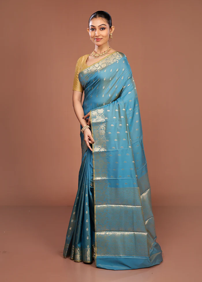 Blue Dupion Silk Saree With Blouse Piece - Image 4