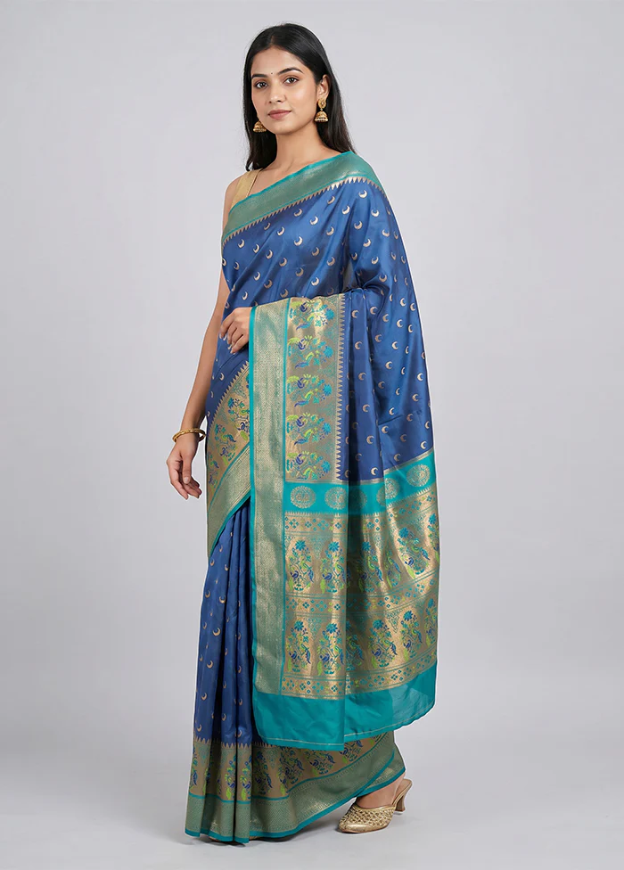 Blue Dupion Silk Saree With Blouse Piece