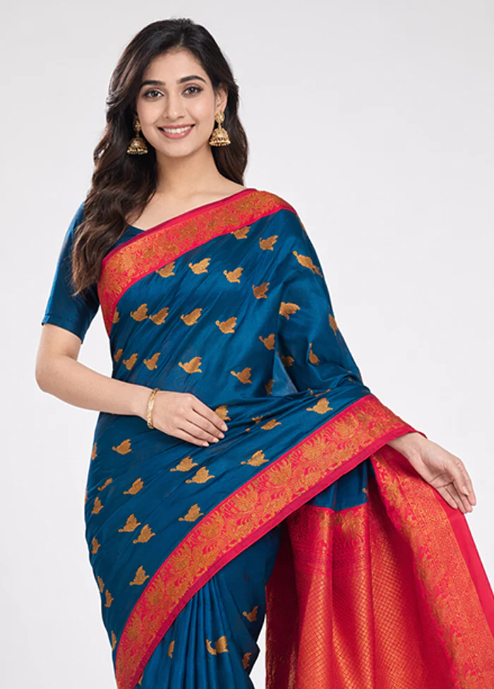 Blue Dupion Silk Saree With Blouse Piece - Image 2