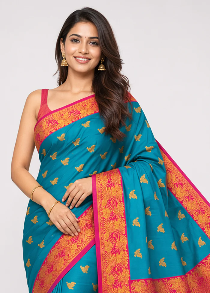 Blue Dupion Silk Saree With Blouse Piece - Image 2