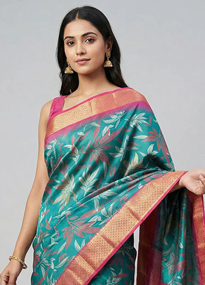 Blue Dupion Silk Saree With Blouse Piece - Image 2