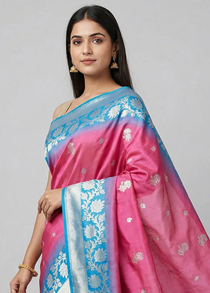 Blue Dupion Silk Saree With Blouse Piece - Image 2