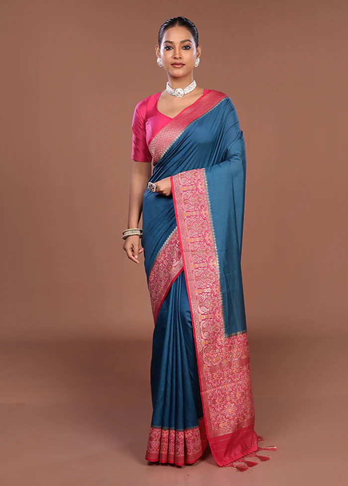 Blue Dupion Silk Saree With Blouse Piece - Image 2