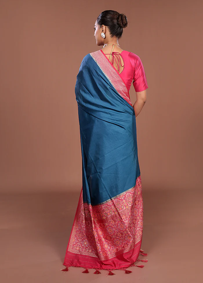 Blue Dupion Silk Saree With Blouse Piece - Image 3
