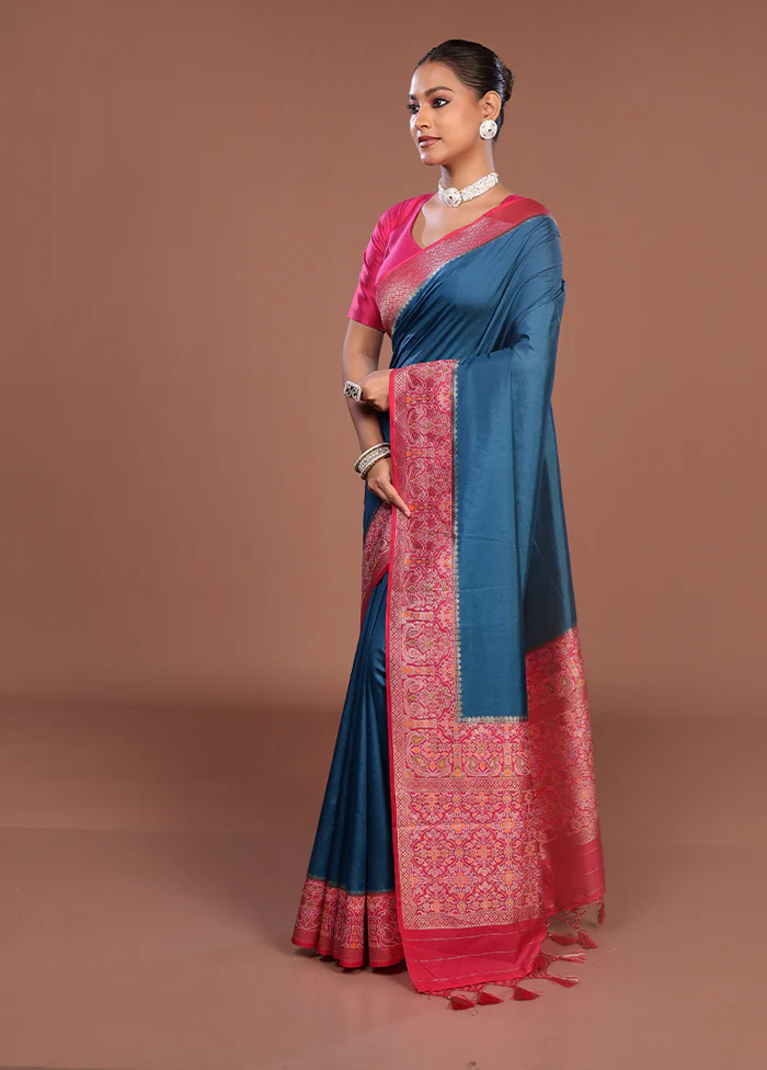 Blue Dupion Silk Saree With Blouse Piece - Image 4