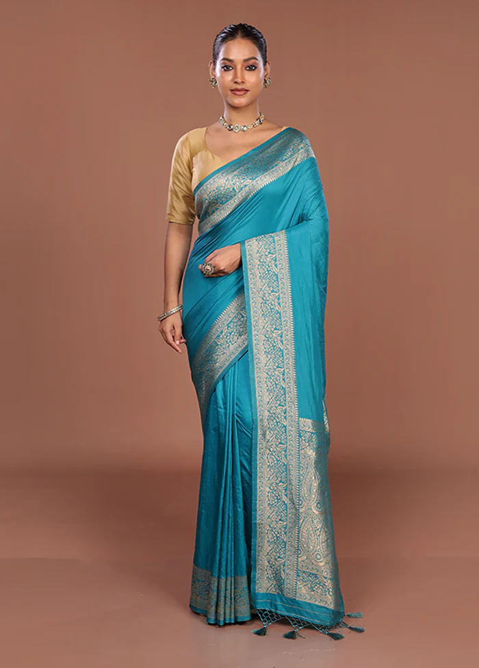 Blue Dupion Silk Saree With Blouse Piece - Image 2