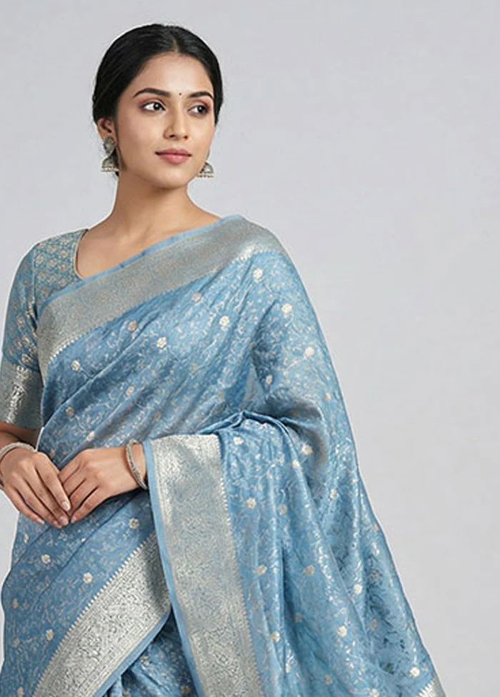 Blue Dupion Silk Saree With Blouse Piece - Image 2