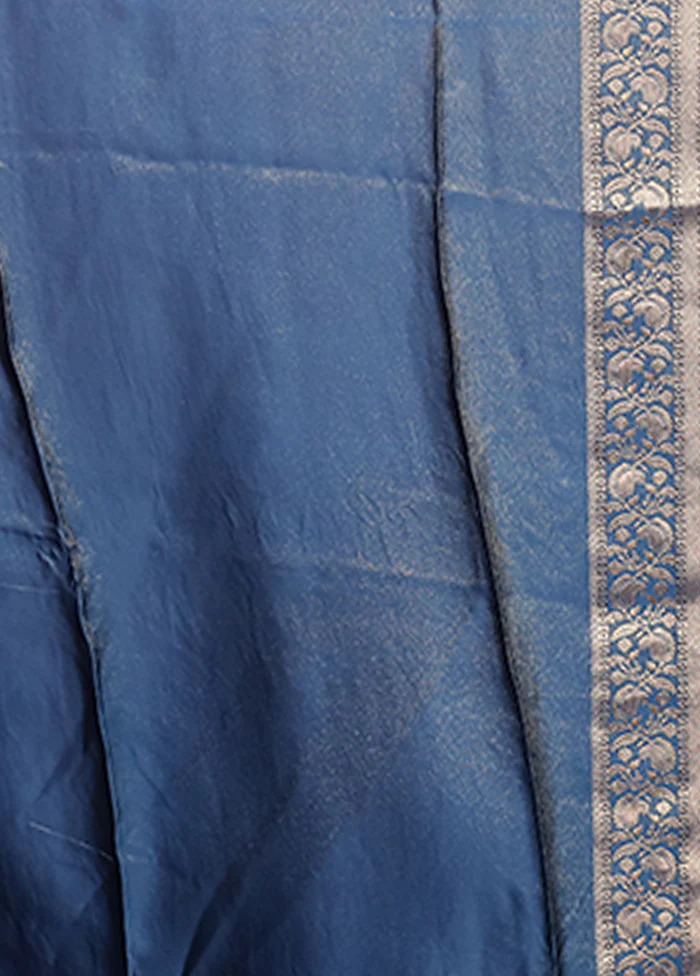 Blue Dupion Silk Saree With Blouse Piece - Image 4