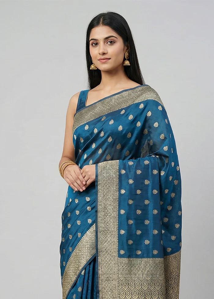 Blue Dupion Silk Saree With Blouse Piece - Image 2