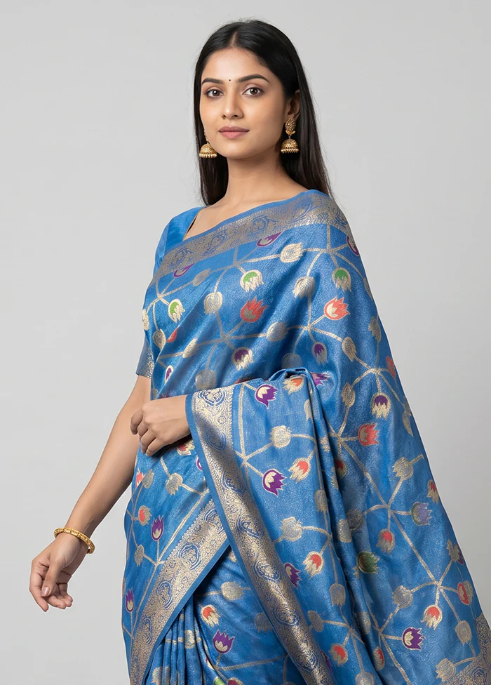 Blue Dupion Silk Saree With Blouse Piece - Image 2
