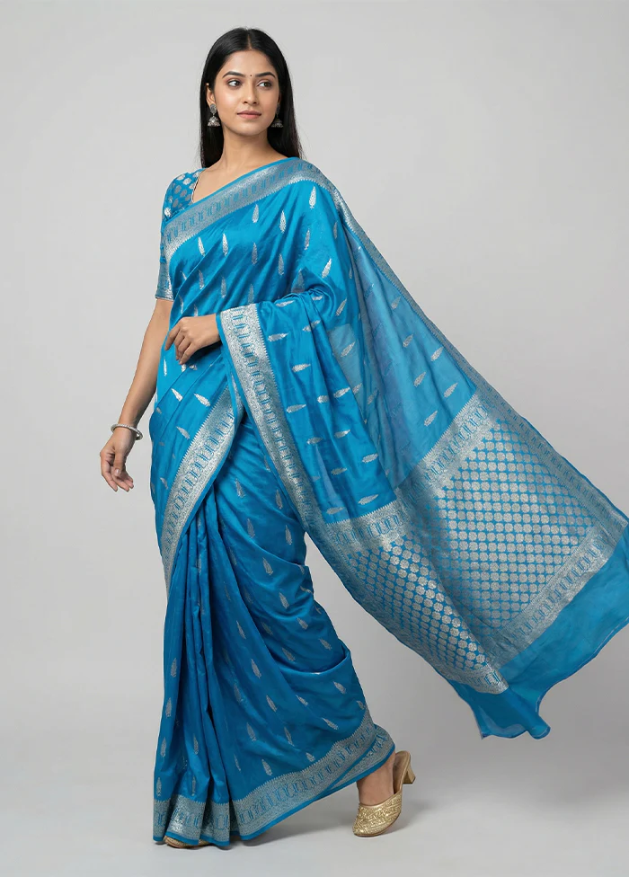 Blue Dupion Silk Saree With Blouse Piece