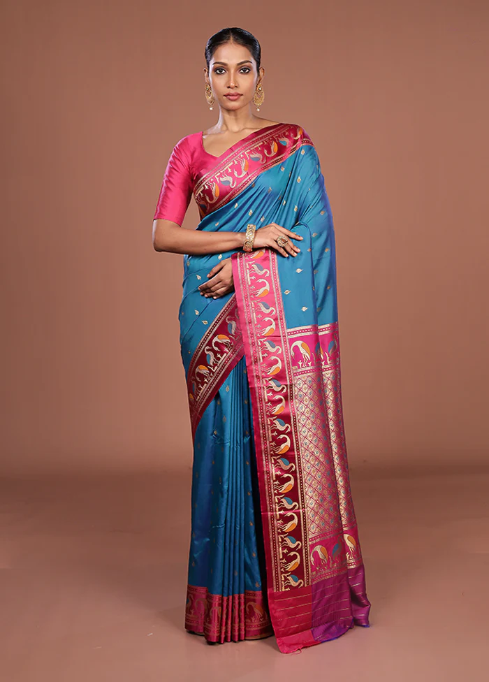 Blue Dupion Silk Saree With Blouse Piece - Image 2