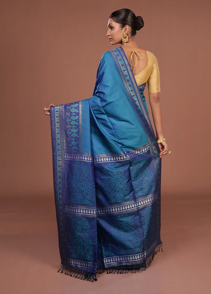 Blue Dupion Silk Saree With Blouse Piece - Image 3