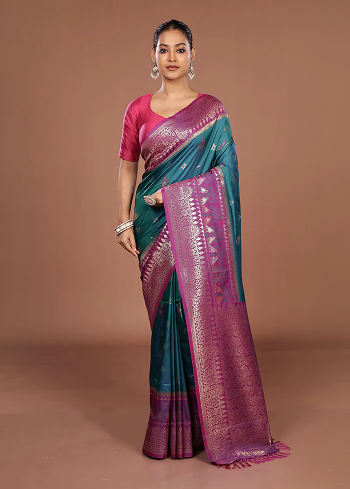 Blue Dupion Silk Saree With Blouse Piece - Image 2