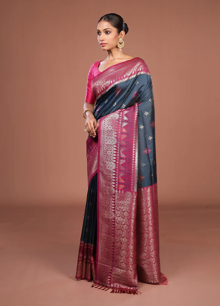 Blue Dupion Silk Saree With Blouse Piece - Image 4