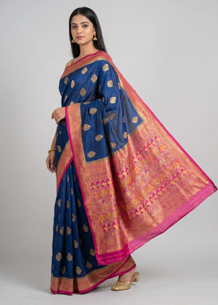 Blue Dupion Silk Saree With Blouse Piece