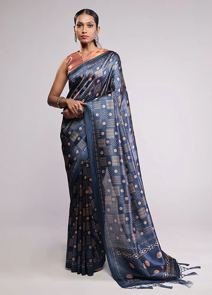 Blue Dupion Silk Saree With Blouse Piece - Image 2