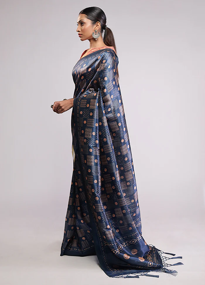 Blue Dupion Silk Saree With Blouse Piece - Image 4
